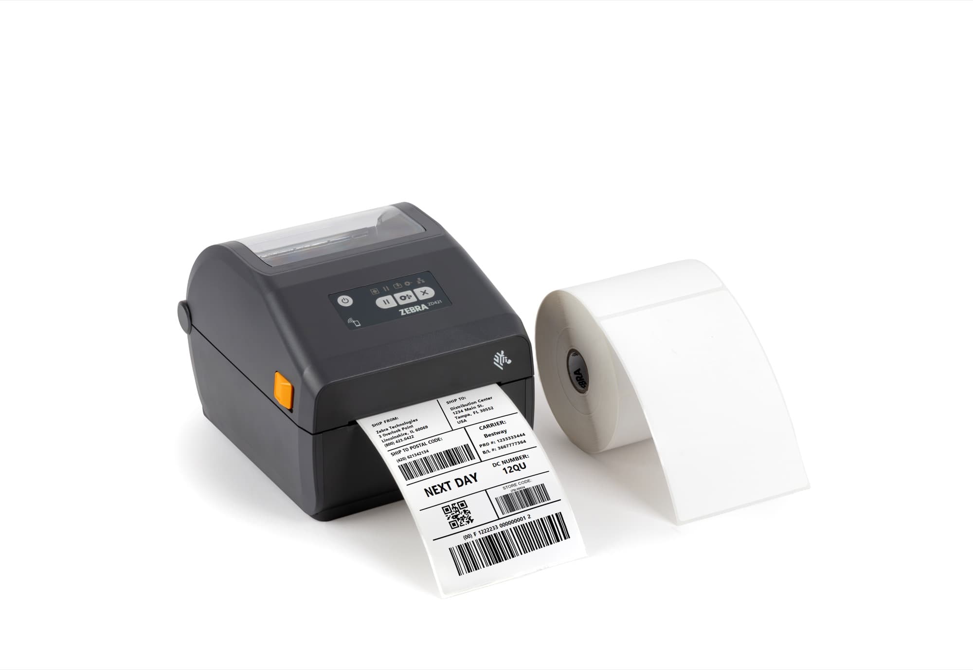Zebra ZD421 desktop printer with labels — warehouse bundle